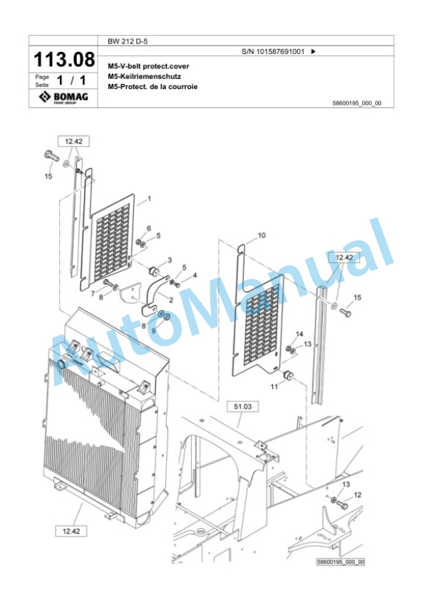 Bomag BW 212 D-5 Single Drum Wheel Drive Vibratory Roller Spare Parts Catalogue 00826565-3