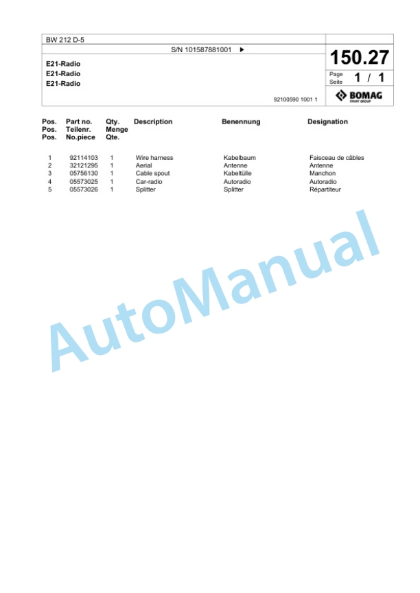 Bomag BW 212 D-5 Single Drum Wheel Drive Vibratory Roller Spare Parts Catalogue 00826939-3