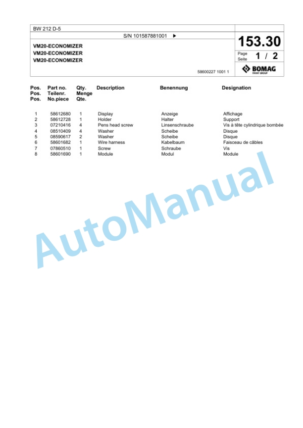 Bomag BW 212 D-5 Single Drum Wheel Drive Vibratory Roller Spare Parts Catalogue 00826939-4