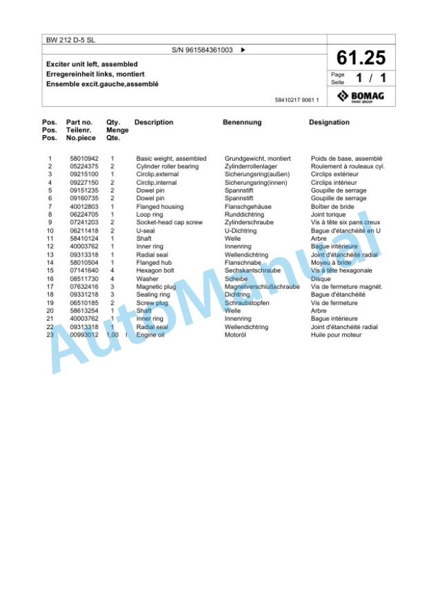 Bomag BW 212 D-5 SL Single Drum Wheel Drive Vibratory Roller Spare Parts Catalogue 00826707-2