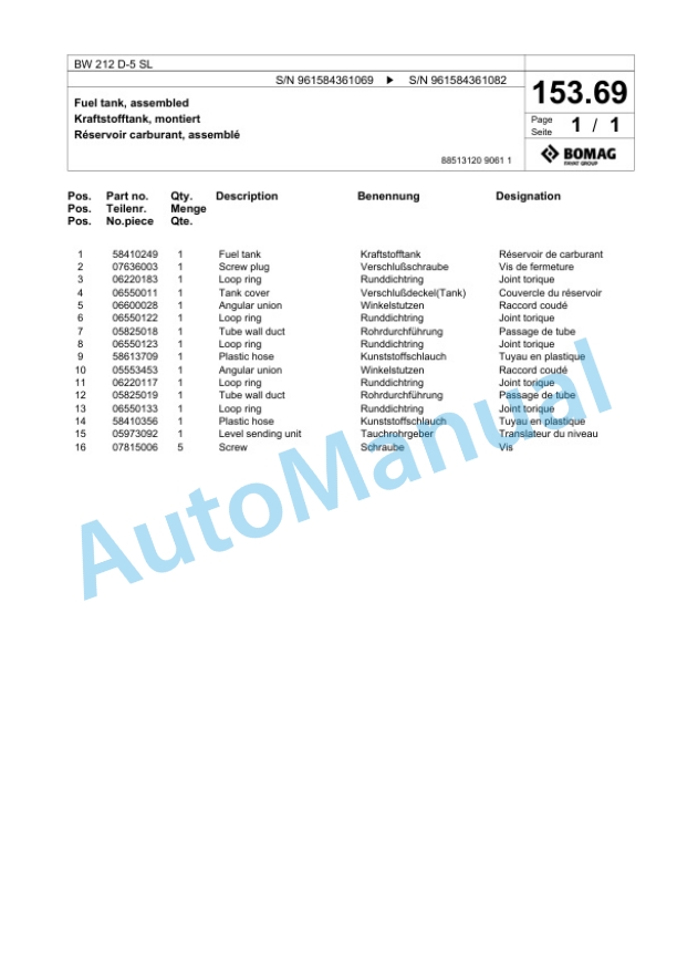 Bomag BW 212 D-5 SL Single Drum Wheel Drive Vibratory Roller Spare Parts Catalogue 00826707-5