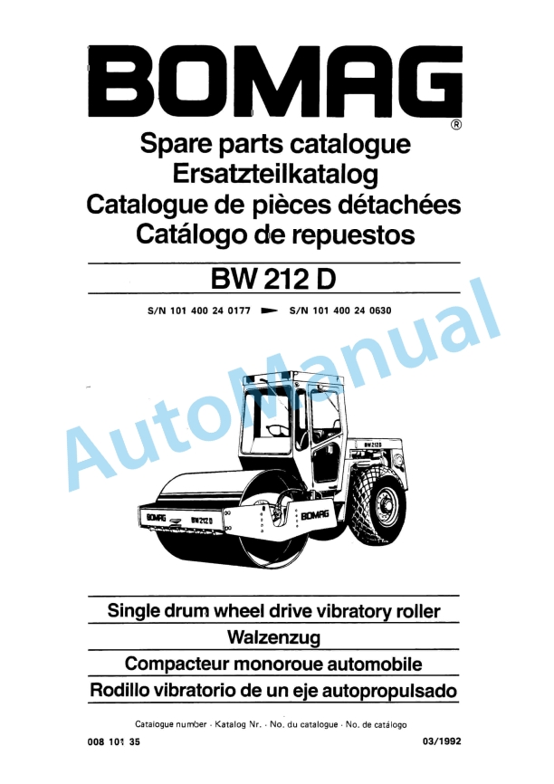 Bomag BW 212 D Single Drum Wheel Drive Vibratory Roller Spare Parts Catalogue 00810135