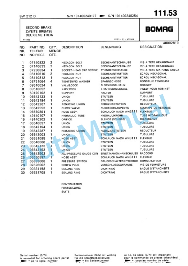 Bomag BW 212 D Single Drum Wheel Drive Vibratory Roller Spare Parts Catalogue 00810135-4