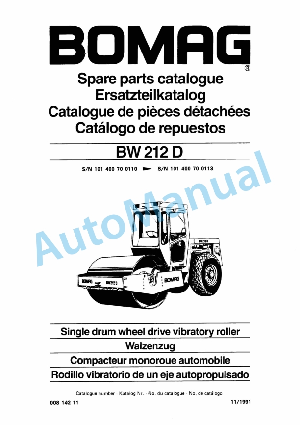 Bomag BW 212 D Single Drum Wheel Drive Vibratory Roller Spare Parts Catalogue 00814211