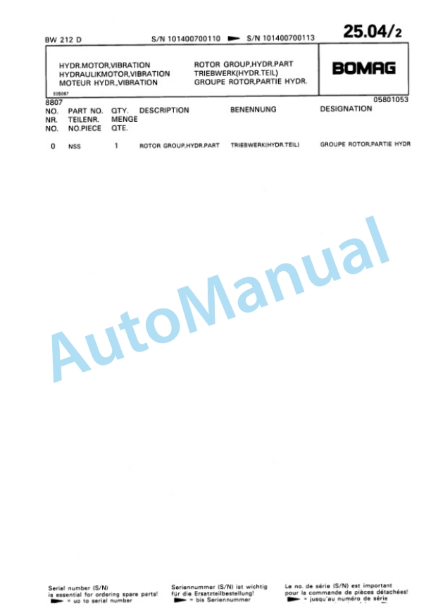 Bomag BW 212 D Single Drum Wheel Drive Vibratory Roller Spare Parts Catalogue 00814211-2