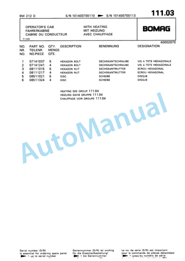 Bomag BW 212 D Single Drum Wheel Drive Vibratory Roller Spare Parts Catalogue 00814211-4