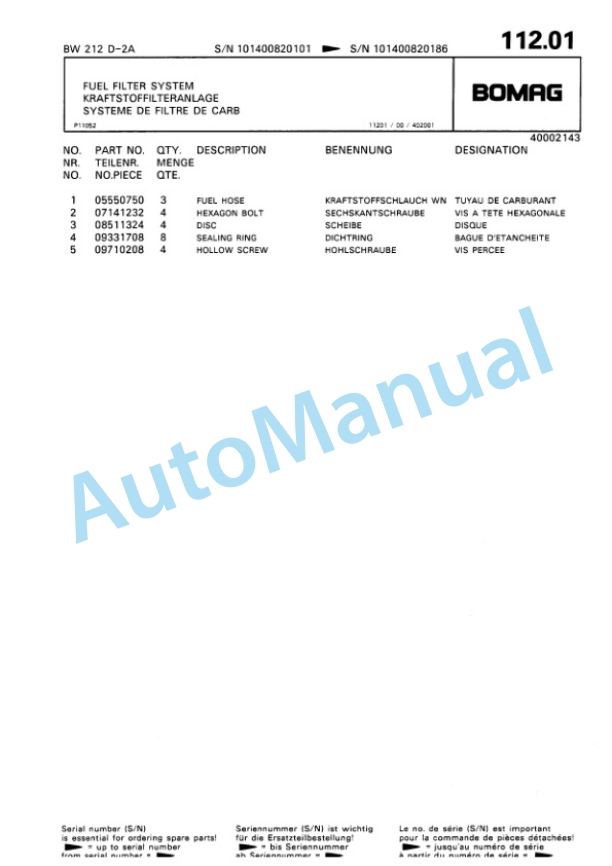 Bomag BW 212 D2 Ampl Single Drum Wheel Drive Vibratory Roller Spare Parts Catalogue 00810064-5