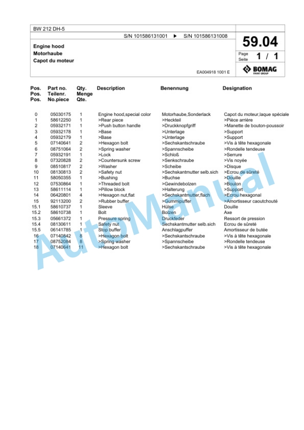 Bomag BW 212 DH-5 Single Drum Wheel Drive Vibratory Roller Spare Parts Catalogue 00824727-2