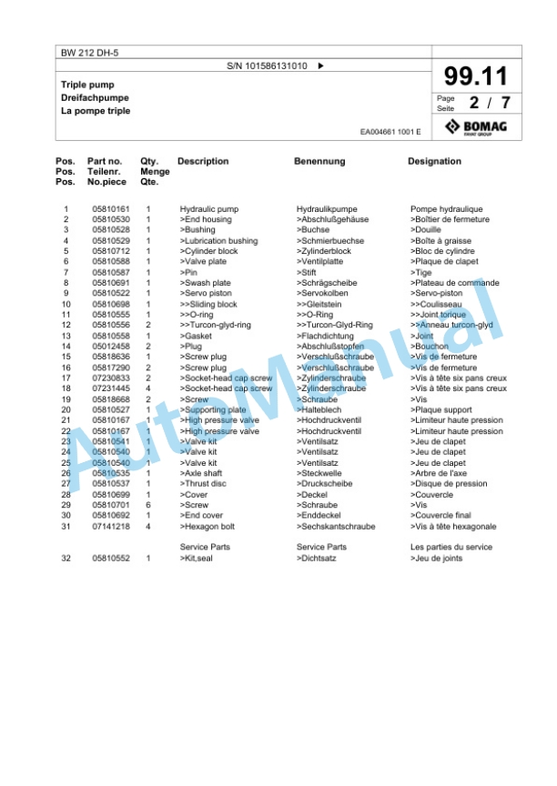 Bomag BW 212 DH-5 Single Drum Wheel Drive Vibratory Roller Spare Parts Catalogue 00824727-3