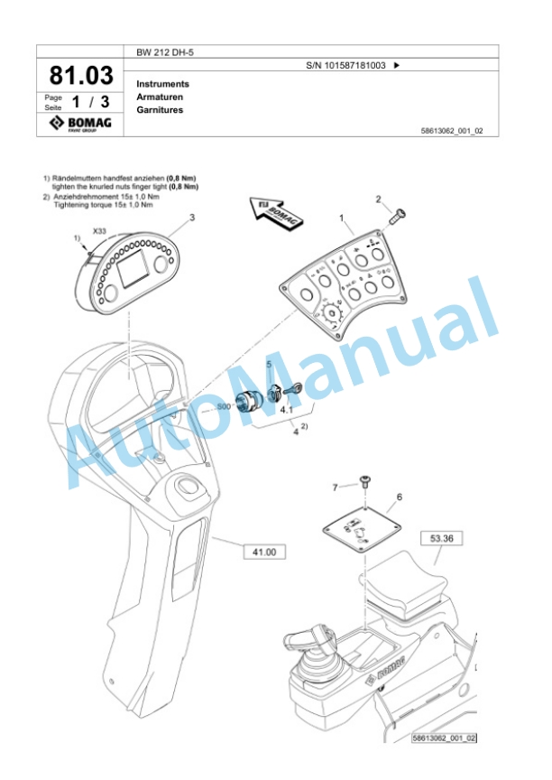 Bomag BW 212 DH-5 Single Drum Wheel Drive Vibratory Roller Spare Parts Catalogue 00826069-2
