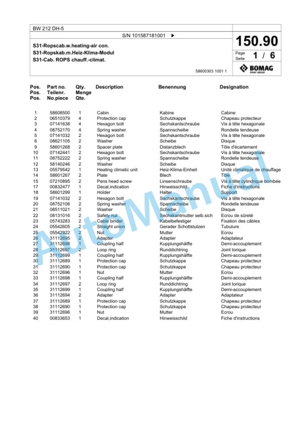 Bomag BW 212 DH-5 Single Drum Wheel Drive Vibratory Roller Spare Parts Catalogue 00826069-4