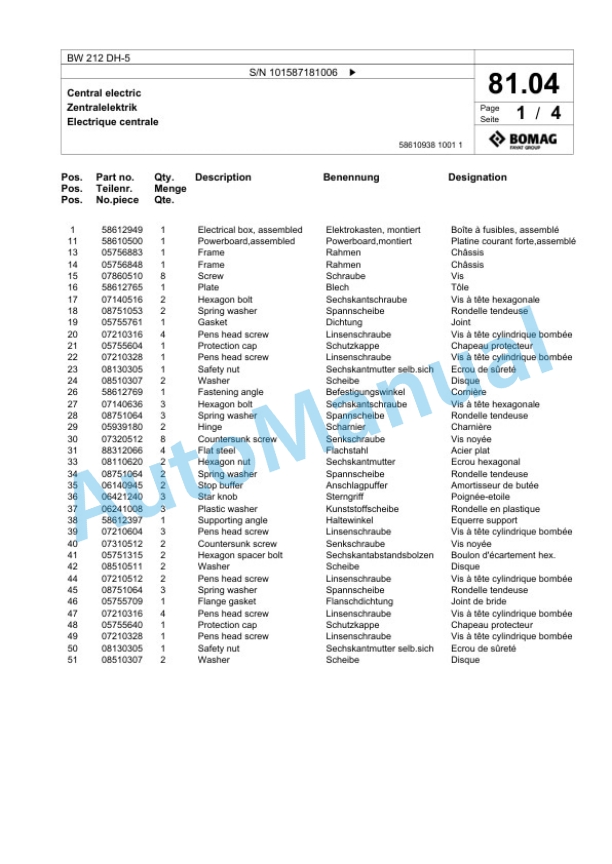 Bomag BW 212 DH-5 Single Drum Wheel Drive Vibratory Roller Spare Parts Catalogue 00826913-2