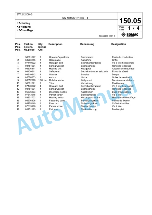 Bomag BW 212 DH-5 Single Drum Wheel Drive Vibratory Roller Spare Parts Catalogue 00826913-3