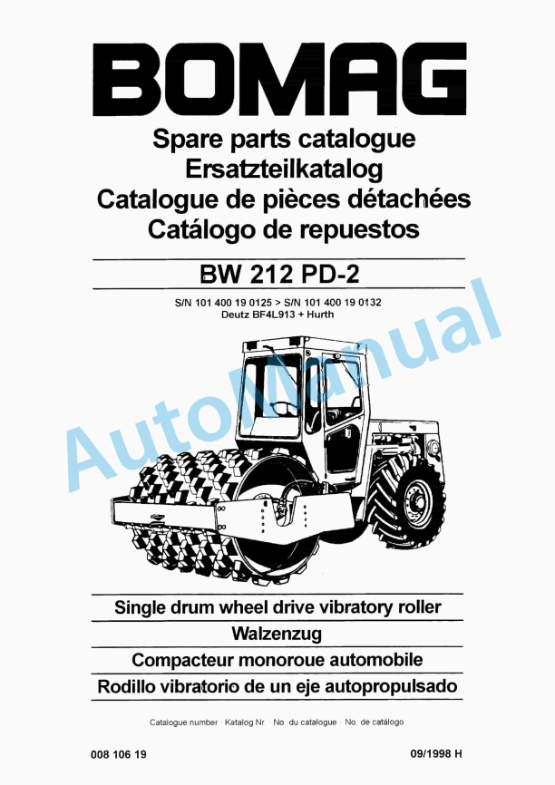 Bomag BW 212 PD-2 Single Drum Wheel Drive Vibratory Roller Spare Parts Catalogue 00810619