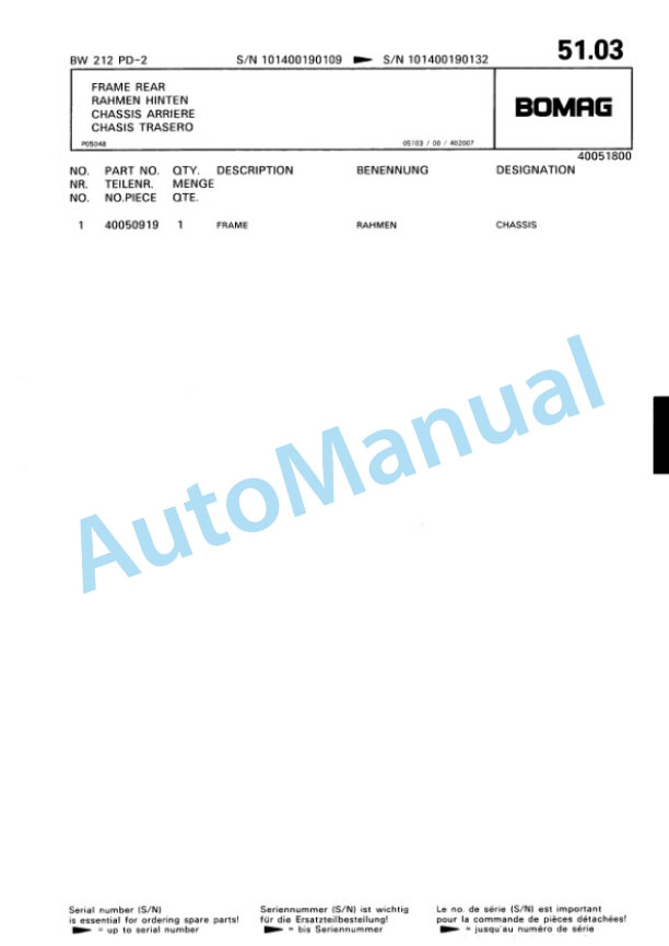 Bomag BW 212 PD-2 Single Drum Wheel Drive Vibratory Roller Spare Parts Catalogue 00810619-3