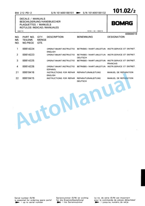 Bomag BW 212 PD-2 Single Drum Wheel Drive Vibratory Roller Spare Parts Catalogue 00810619-5