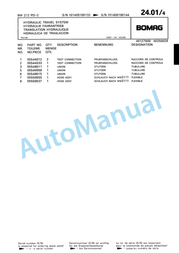 Bomag BW 212 PD-2 Single Drum Wheel Drive Vibratory Roller Spare Parts Catalogue 00811619-2
