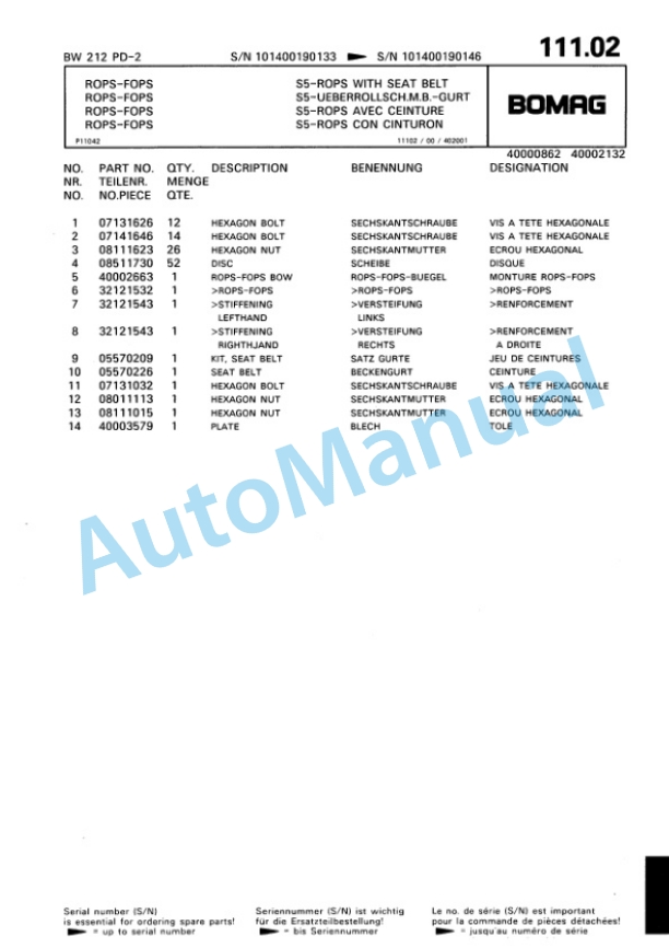 Bomag BW 212 PD-2 Single Drum Wheel Drive Vibratory Roller Spare Parts Catalogue 00811619-5