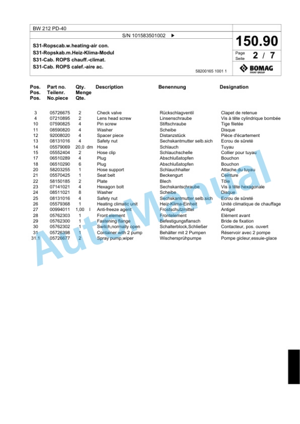 Bomag BW 212 PD-40 Single Drum Wheel Drive Vibratory Roller Spare Parts Catalogue 00818883-4