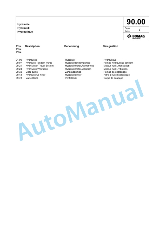 Bomag BW 212 PD-5 SL Single Drum Wheel Drive Vibratory Roller Spare Parts Catalogue 00826709-3