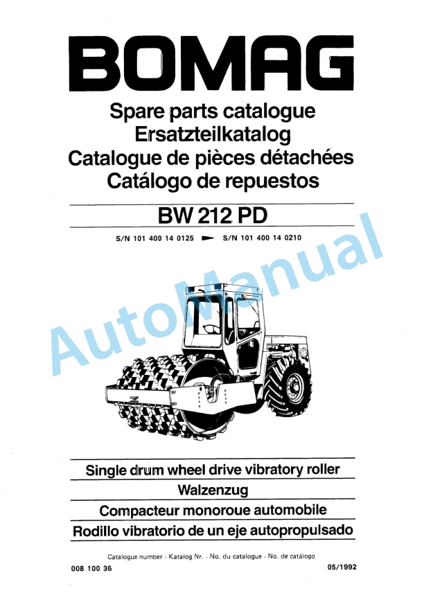 Bomag BW 212 PD Single Drum Wheel Drive Vibratory Roller Spare Parts Catalogue 00810036