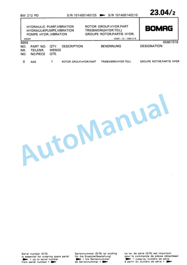 Bomag BW 212 PD Single Drum Wheel Drive Vibratory Roller Spare Parts Catalogue 00810036-2