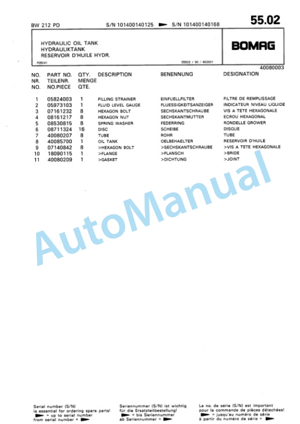 Bomag BW 212 PD Single Drum Wheel Drive Vibratory Roller Spare Parts Catalogue 00810036-3