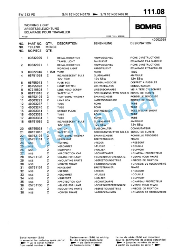 Bomag BW 212 PD Single Drum Wheel Drive Vibratory Roller Spare Parts Catalogue 00810036-4