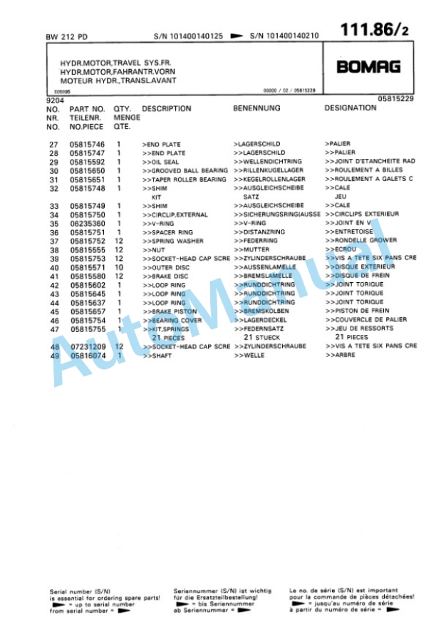Bomag BW 212 PD Single Drum Wheel Drive Vibratory Roller Spare Parts Catalogue 00810036-5
