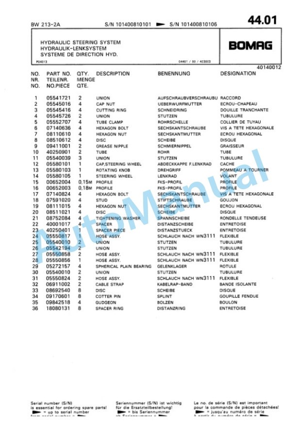 Bomag BW 213 2 Ampl Single Drum Wheel Drive Vibratory Roller Spare Parts Catalogue 00810057-3
