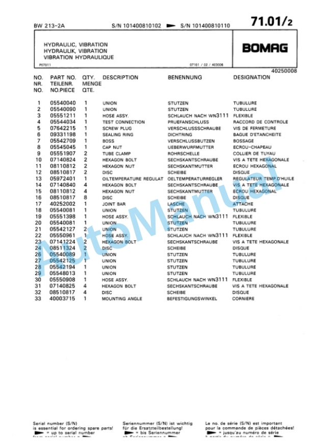 Bomag BW 213 2 Ampl Single Drum Wheel Drive Vibratory Roller Spare Parts Catalogue 00810057-5