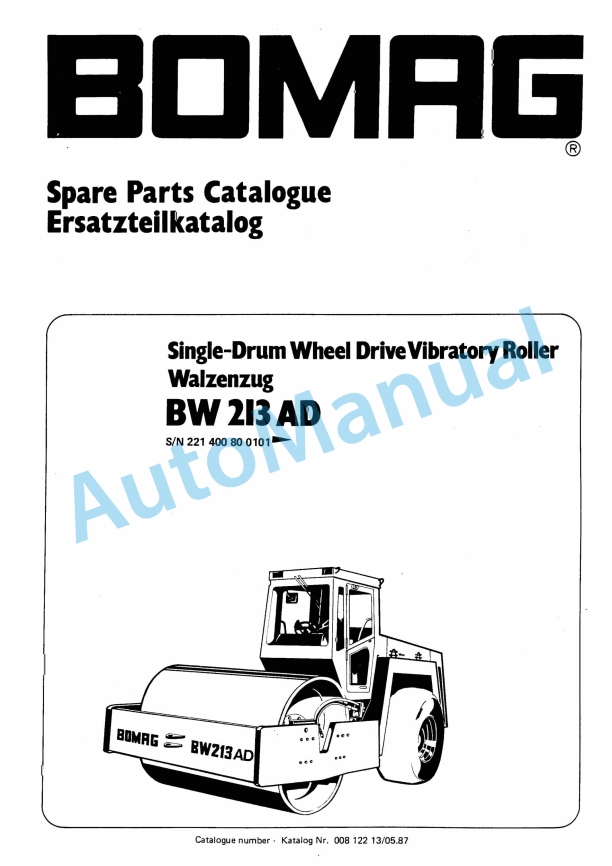 Bomag BW 213 AD Single Drum Wheel Drive Vibratory Roller Spare Parts Catalogue 00812213
