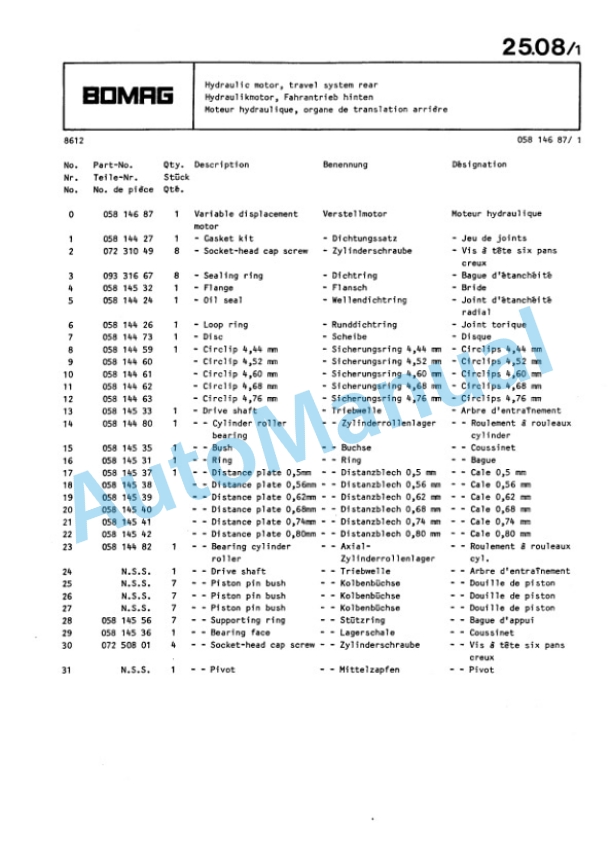 Bomag BW 213 AD Single Drum Wheel Drive Vibratory Roller Spare Parts Catalogue 00812213-3
