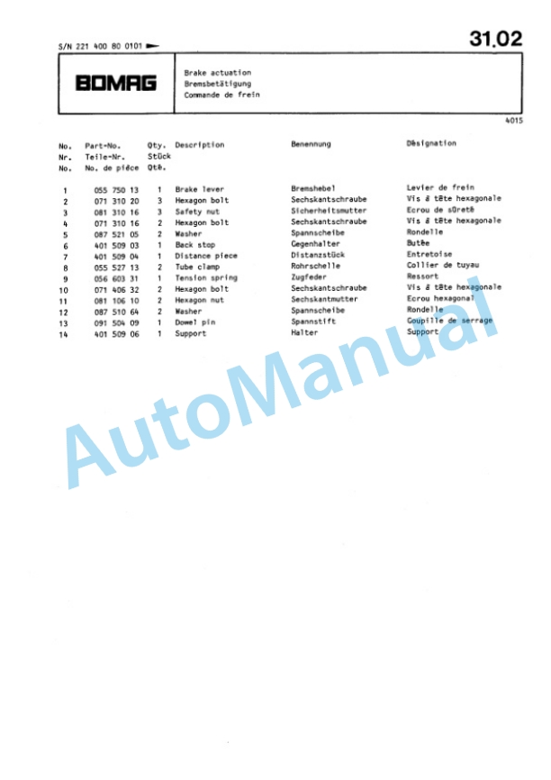 Bomag BW 213 AD Single Drum Wheel Drive Vibratory Roller Spare Parts Catalogue 00812213-4