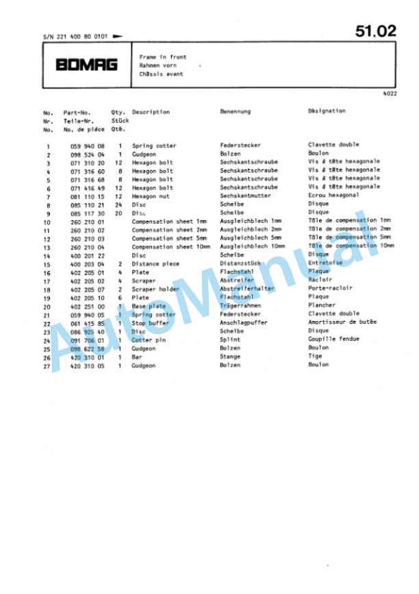 Bomag BW 213 AD Single Drum Wheel Drive Vibratory Roller Spare Parts Catalogue 00812213-5