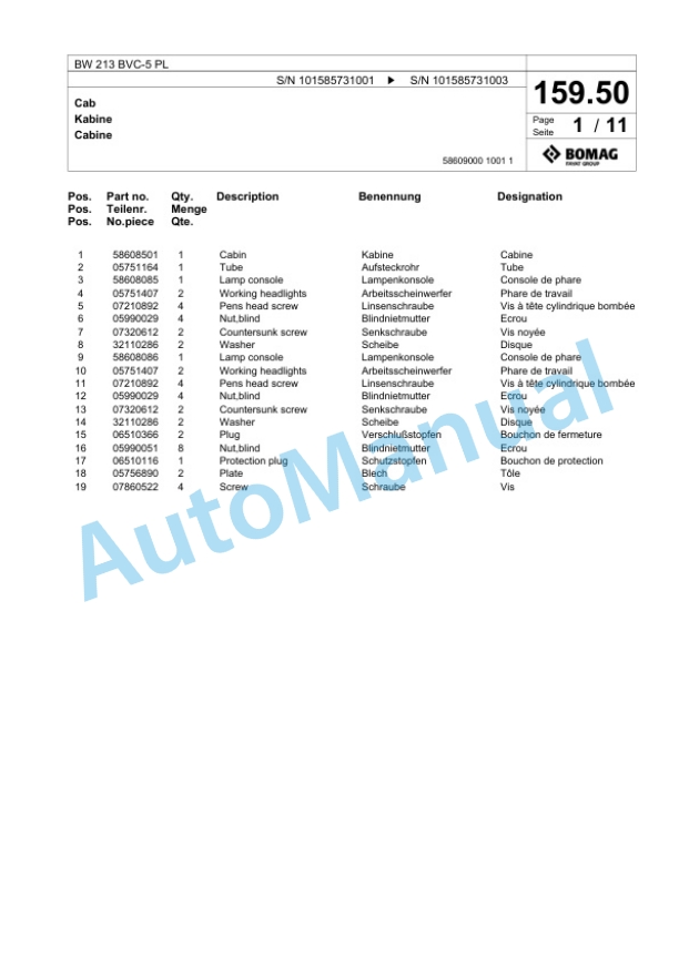 Bomag BW 213 BVC-5 PL Single Drum Wheel Drive Vibratory Roller Spare Parts Catalogue 00827111-5