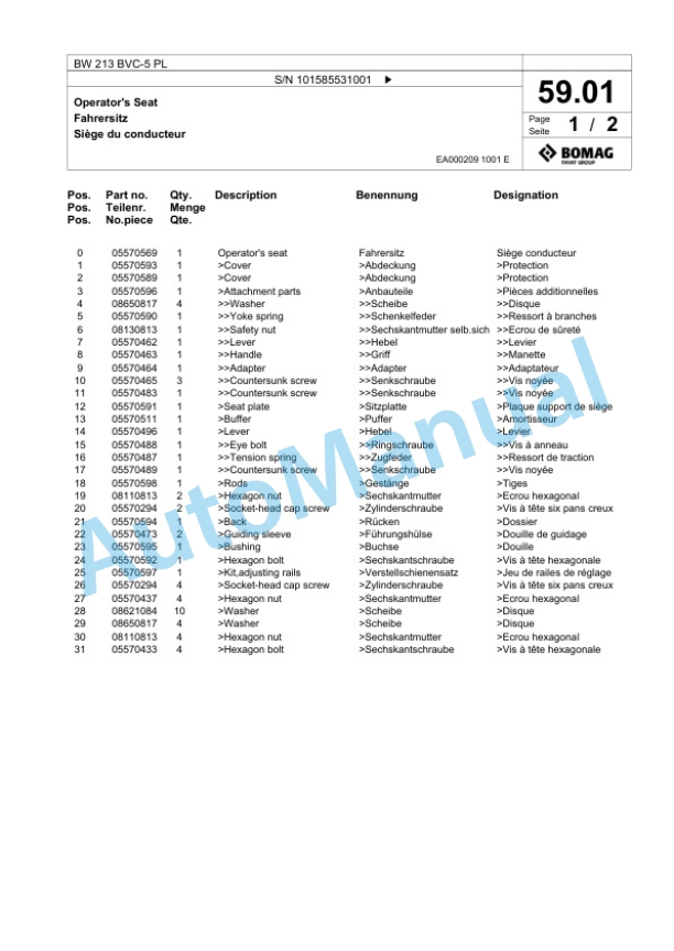 Bomag BW 213 BVC-5 PL Single Drum Wheel Drive Vibratory Roller Spare Parts Catalogue 00827273-2