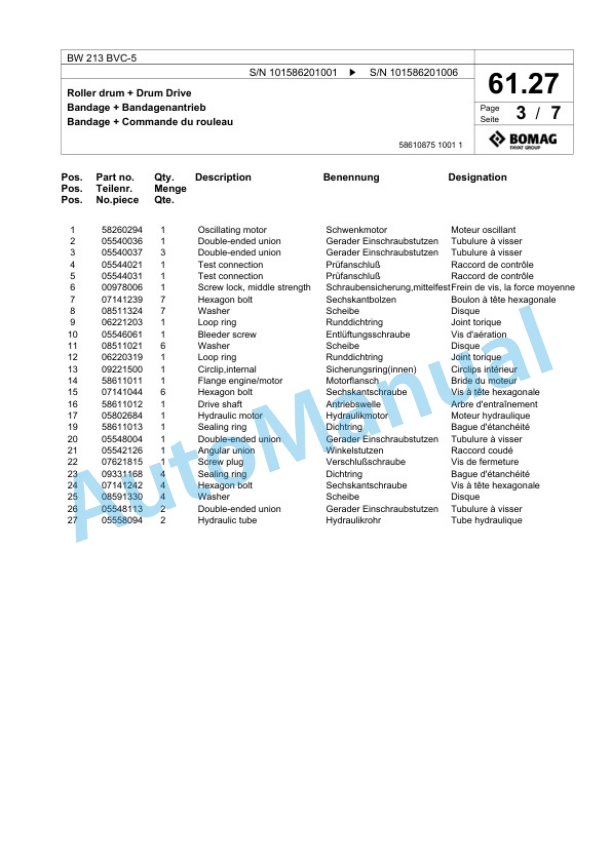Bomag BW 213 BVC-5 Single Drum Wheel Drive Vibratory Roller Spare Parts Catalogue 00824733-2