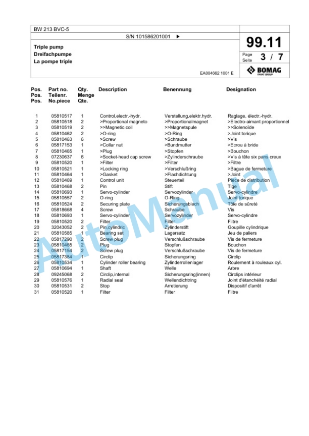 Bomag BW 213 BVC-5 Single Drum Wheel Drive Vibratory Roller Spare Parts Catalogue 00824733-3
