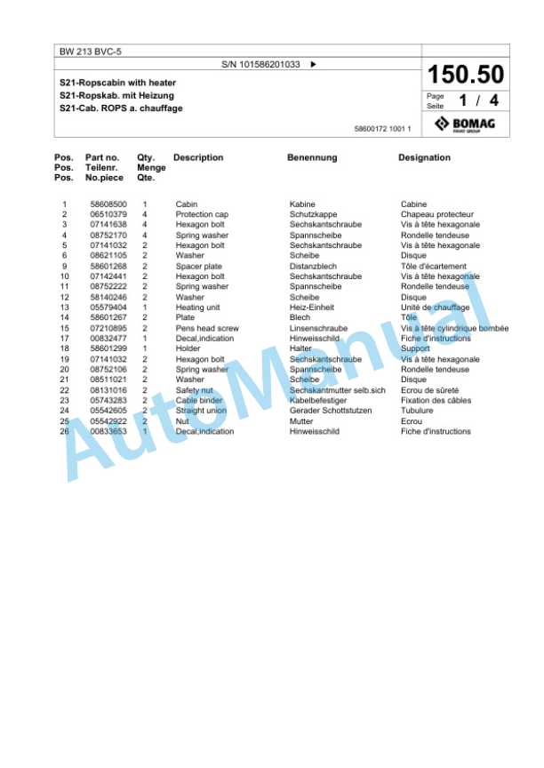 Bomag BW 213 BVC-5 Single Drum Wheel Drive Vibratory Roller Spare Parts Catalogue 00824733-4