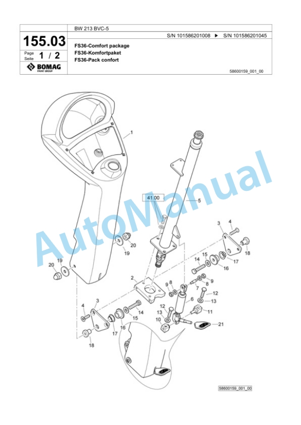 Bomag BW 213 BVC-5 Single Drum Wheel Drive Vibratory Roller Spare Parts Catalogue 00824733-5