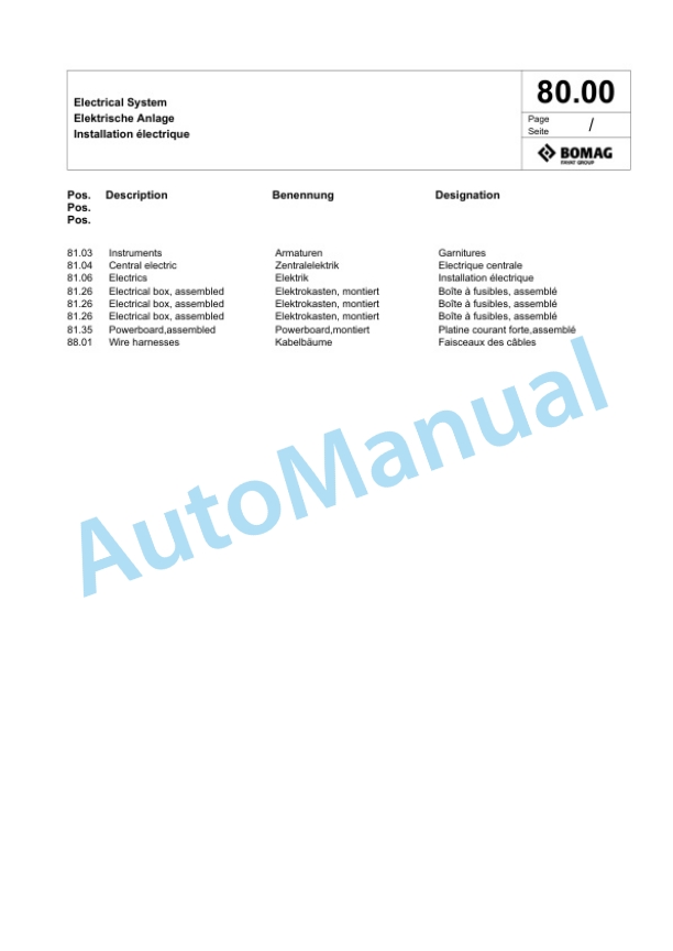 Bomag BW 213 BVC-5 Single Drum Wheel Drive Vibratory Roller Spare Parts Catalogue 00824867-2