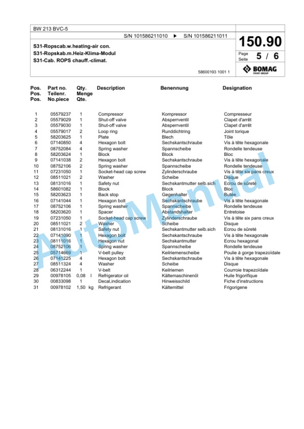 Bomag BW 213 BVC-5 Single Drum Wheel Drive Vibratory Roller Spare Parts Catalogue 00824867-5