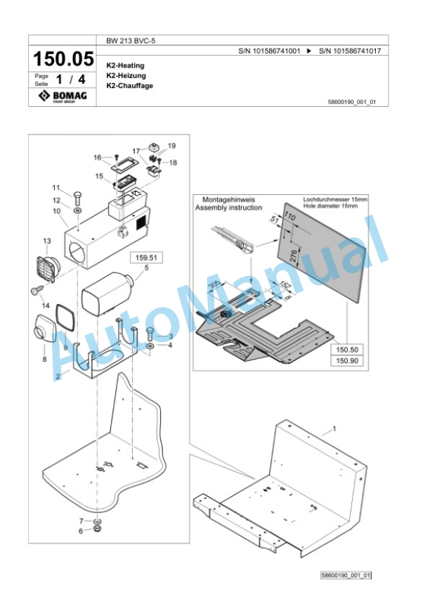 Bomag BW 213 BVC-5 Single Drum Wheel Drive Vibratory Roller Spare Parts Catalogue 00825243-3