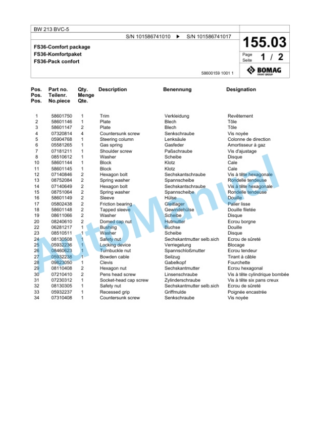 Bomag BW 213 BVC-5 Single Drum Wheel Drive Vibratory Roller Spare Parts Catalogue 00825243-4