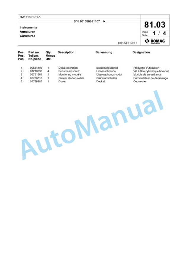 Bomag BW 213 BVC-5 Single Drum Wheel Drive Vibratory Roller Spare Parts Catalogue 00825987-2