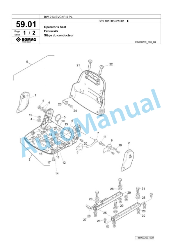 Bomag BW 213 BVC Plus P-5 PL Single Drum Wheel Drive Vibratory Roller Spare Parts Catalogue 00827271-2