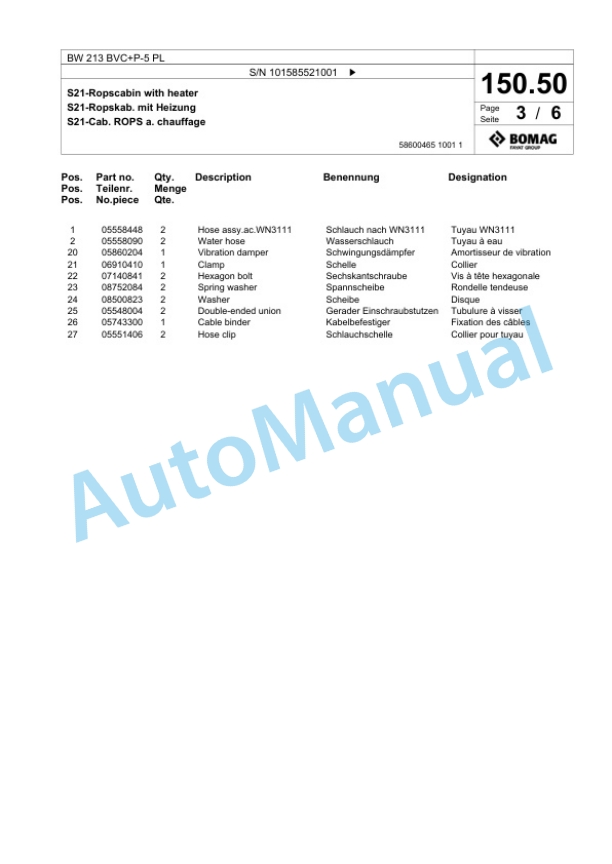 Bomag BW 213 BVC Plus P-5 PL Single Drum Wheel Drive Vibratory Roller Spare Parts Catalogue 00827271-4