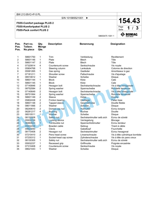 Bomag BW 213 BVC Plus P-5 PL Single Drum Wheel Drive Vibratory Roller Spare Parts Catalogue 00827271-5
