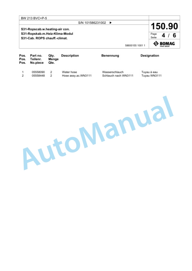Bomag BW 213 BVC Plus P-5 Single Drum Wheel Drive Vibratory Roller Spare Parts Catalogue 00824577-5